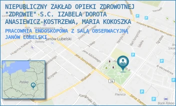 PRACOWNIA ENDOSKOPOWA Z SALĄ OBSERWACYJNĄ - NIEPUBLICZNY ZAKŁAD OPIEKI ZDROWOTNEJ "ZDROWIE" S.C. IZABELA DOROTA ANASIEWICZ-KOSTRZEWA, MARIA KOKOSZKA - JANA PAWŁA II 5,  JANÓW LUBELSKI
