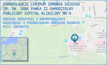 ODDZIAŁ PEDIATRII I ENDOKRYNOLOGII DZIECIĘCEJ Z PODODDZIAŁEM ZABURZEŃ ROZWOJU PŁCI - GÓRNOŚLĄSKIE CENTRUM ZDROWIA DZIECKA IM. ŚW. JANA PAWŁA II SAMODZIELNY PUBLICZNY SZPITAL KLINICZNY NR 6 - UL. MEDYKÓW 16,  KATOWICE